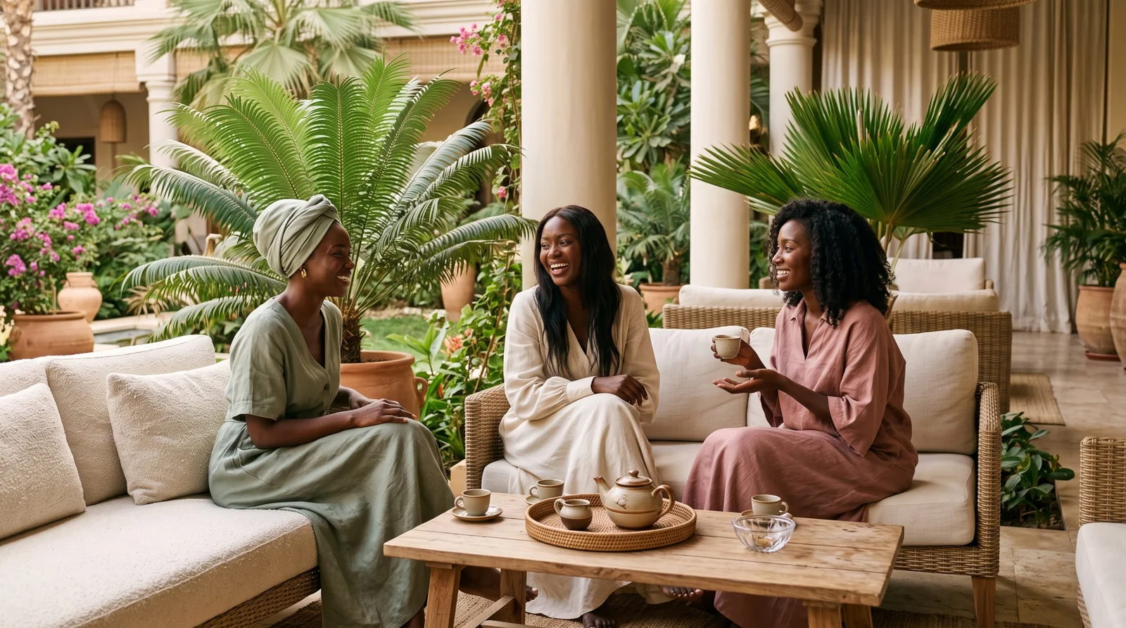 Trois femmes noires élégantes en crème, sauge et rose poudré partagent un thé sur une terrasse tropicale